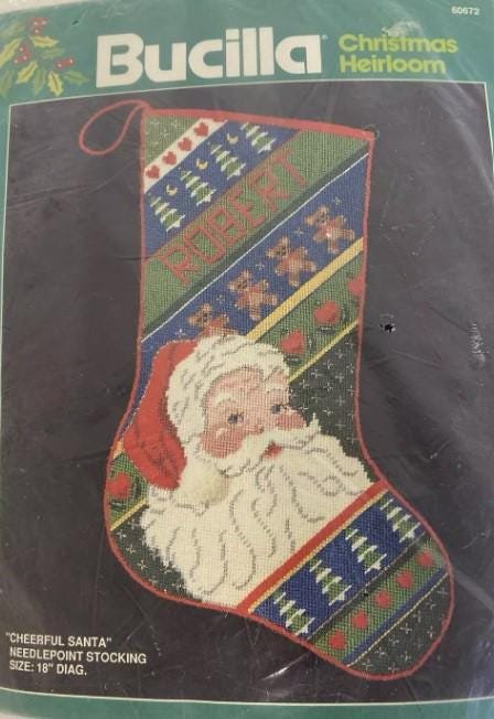 Handmade Christmas Stocking BUCILLA Vintage Finished 1980s Cheerful Santa Holiday Stocking Stockings with Name Decor 60672