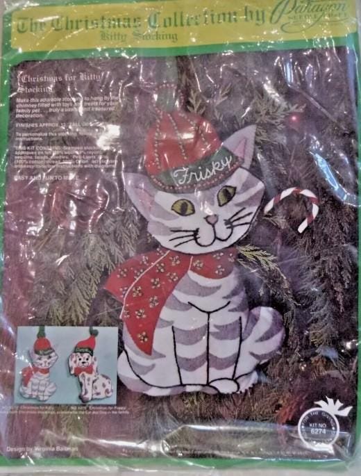 Vintage 1970s Christmas Stocking, Finished PARAGON Handmade Christmas For Kitty, Cat Holiday Stockings #6274 Stockings with Name