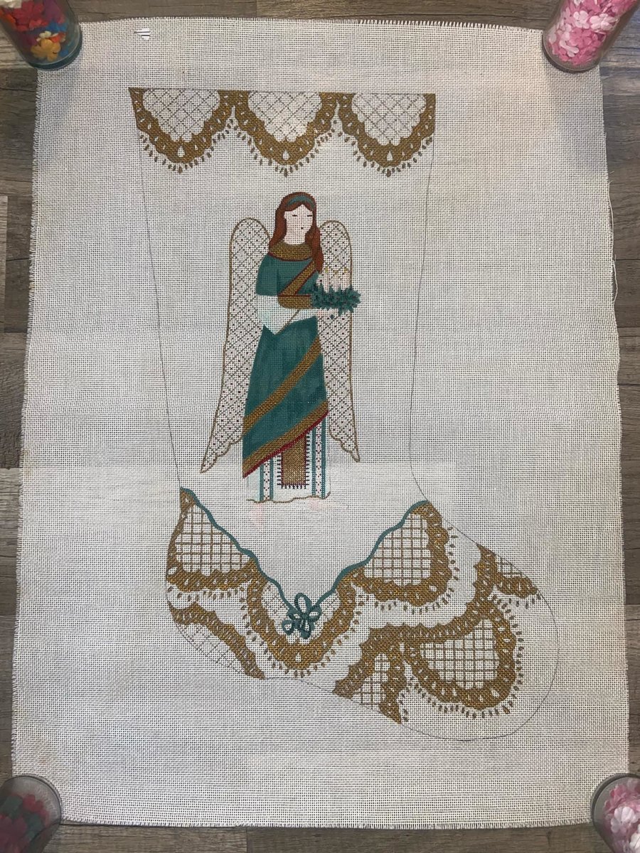 NEW VTG Handpainted Angel Christmas Needlepoint Stocking Canvas Angel Holiday Stocking Harp
