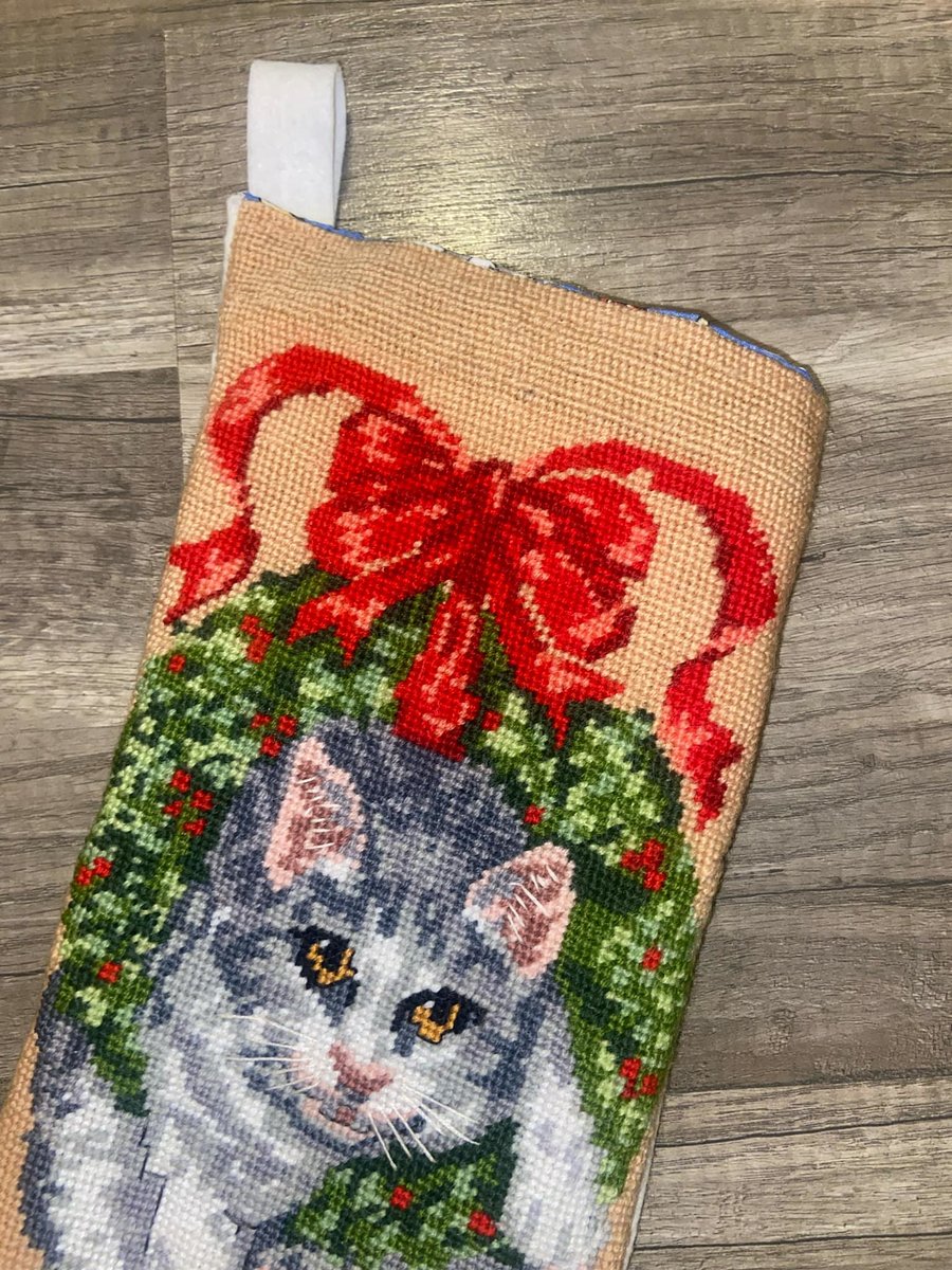 New Christmas Stocking VTG 1993 Bucilla CHRISTMAS KITTY Needlepoint Holiday Decor 60714