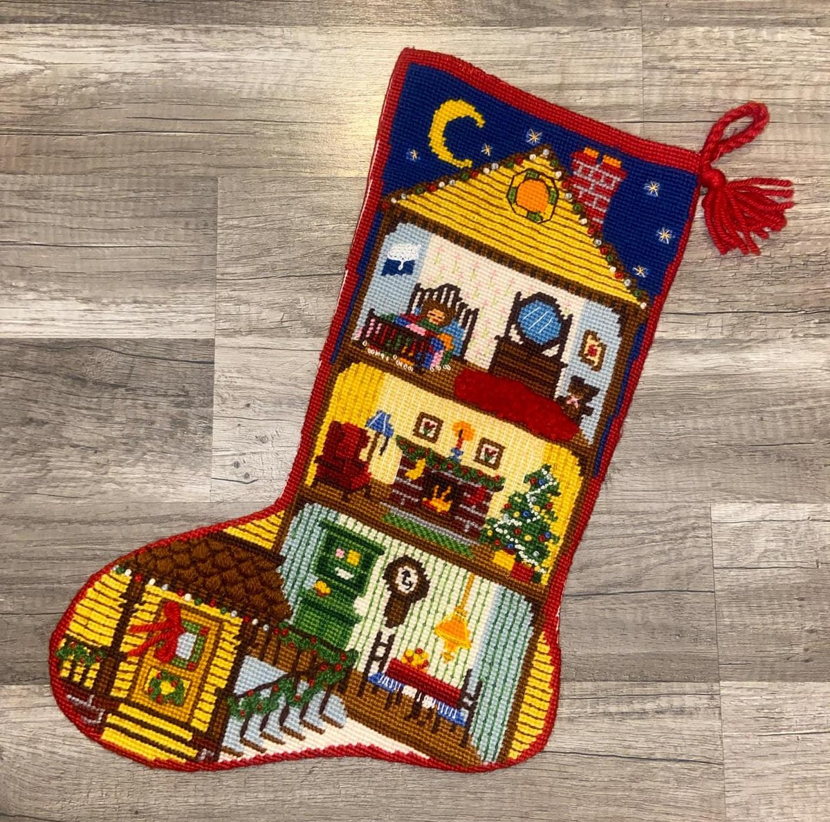 Christmas Stocking, Vintage SUNSET Handmade Finished 1980s CHRISTMAS DOLLHOUSE Needlepoint Holiday Decor