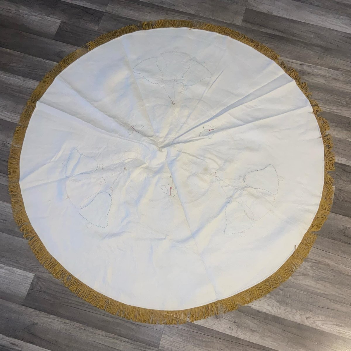 Vintage  Christmas Tree Skirt BUCILLA Holiday Bells 2829 Finished Table Cover Circa 1960's Holiday Home Decor Retro Christmas Decor