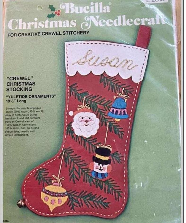 Custom Christmas Stocking, BUCILLA Crewel Handmade Yuletide Ornaments 2313 Finished Holiday Stocking Retro Santa Claus Decor