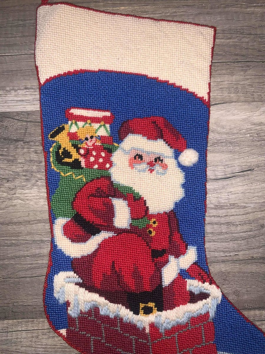 Handmade Christmas Stocking Vintage 1980s BUCILLA 60653 Needlepoint Santa Claus Chimney Holiday Decor