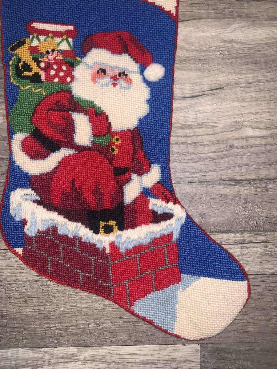 Handmade Christmas Stocking Vintage 1980s BUCILLA 60653 Needlepoint Santa Claus Chimney Holiday Decor