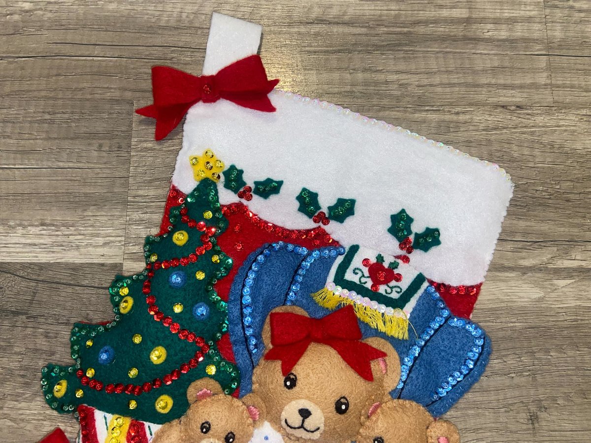 Christmas Stockings, Bucilla Handmade TEDDY FAMILY CHRISTMAS 83198 Finished Bucilla Kit, Wall Door, Holiday Decor, Personalized Gift