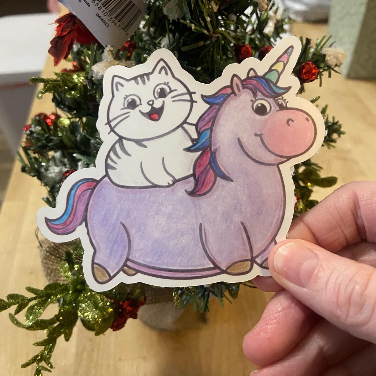 Large Cat Sticker | Unicorn Sticker |  Funny Cat Riding Round Unicorn Sticker | Silly Stickers | GLOSSY Hand Colored Sticker