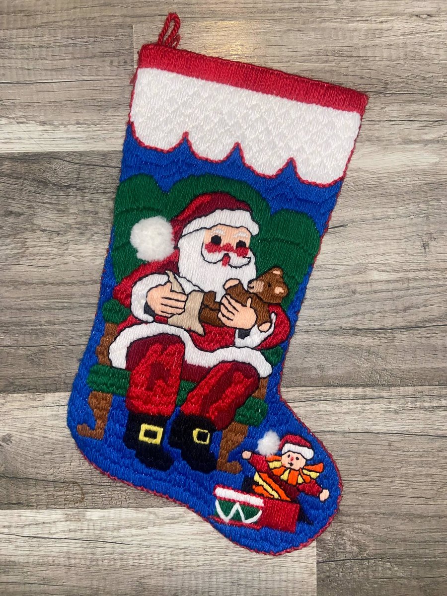 RARE Longstitch Christmas Stocking  | Vintage 1980's FINISHED Bucilla Holiday Stocking | Santa W/ Bear  Needlepoint Holiday Stocking