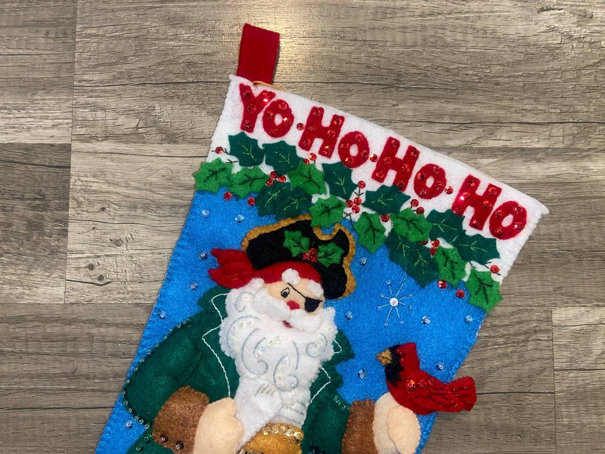 Pirate Santa Christmas Stocking, Rare Finished Bucilla Kit, Holiday Stockings, Embroidered Stockings, Personalized Stockings