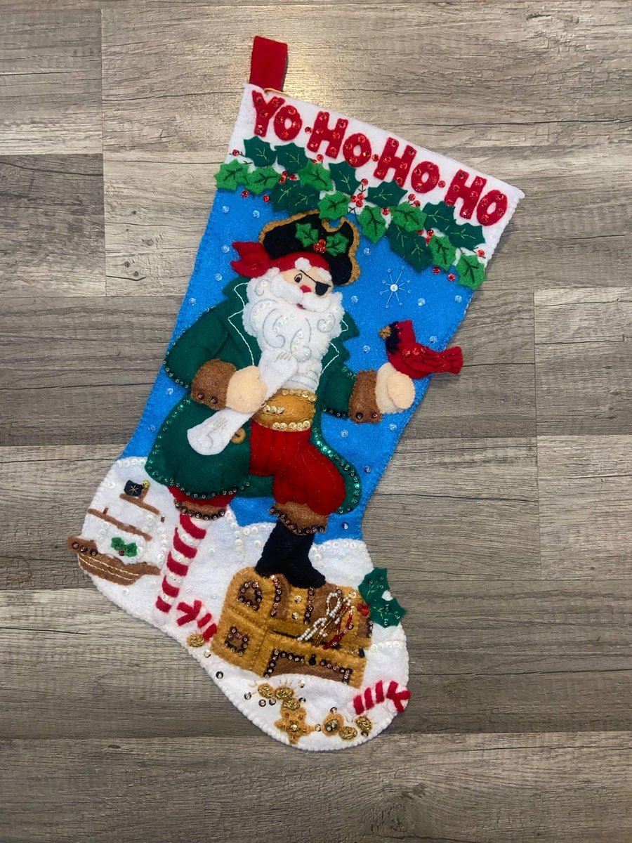 Pirate Santa Christmas Stocking, Rare Finished Bucilla Kit, Holiday Stockings, Embroidered Stockings, Personalized Stockings